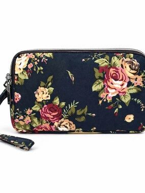 Floral Print Navy Blue Base Small Purse or Makeup Cosmetic Wristlet